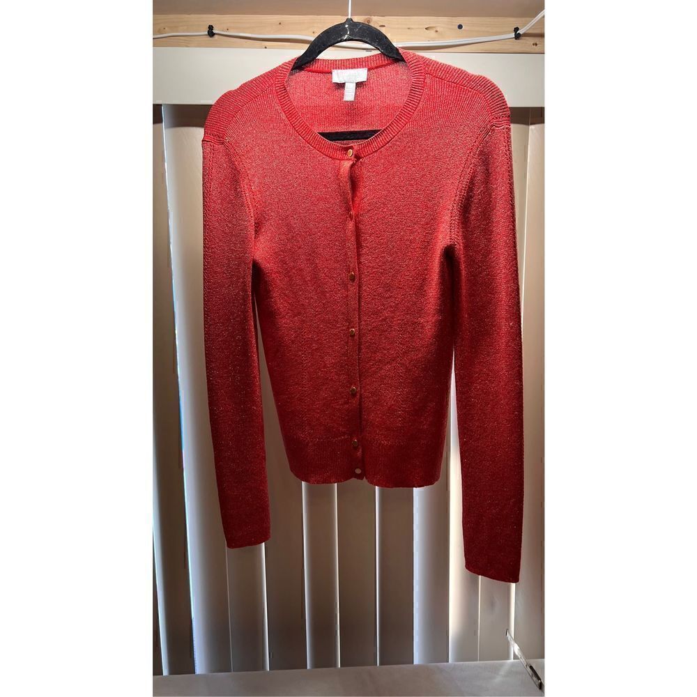 ELLEN TRACY COLLECTION RED GOLD SPARKLE BUTTON UP SWEATER SZ S